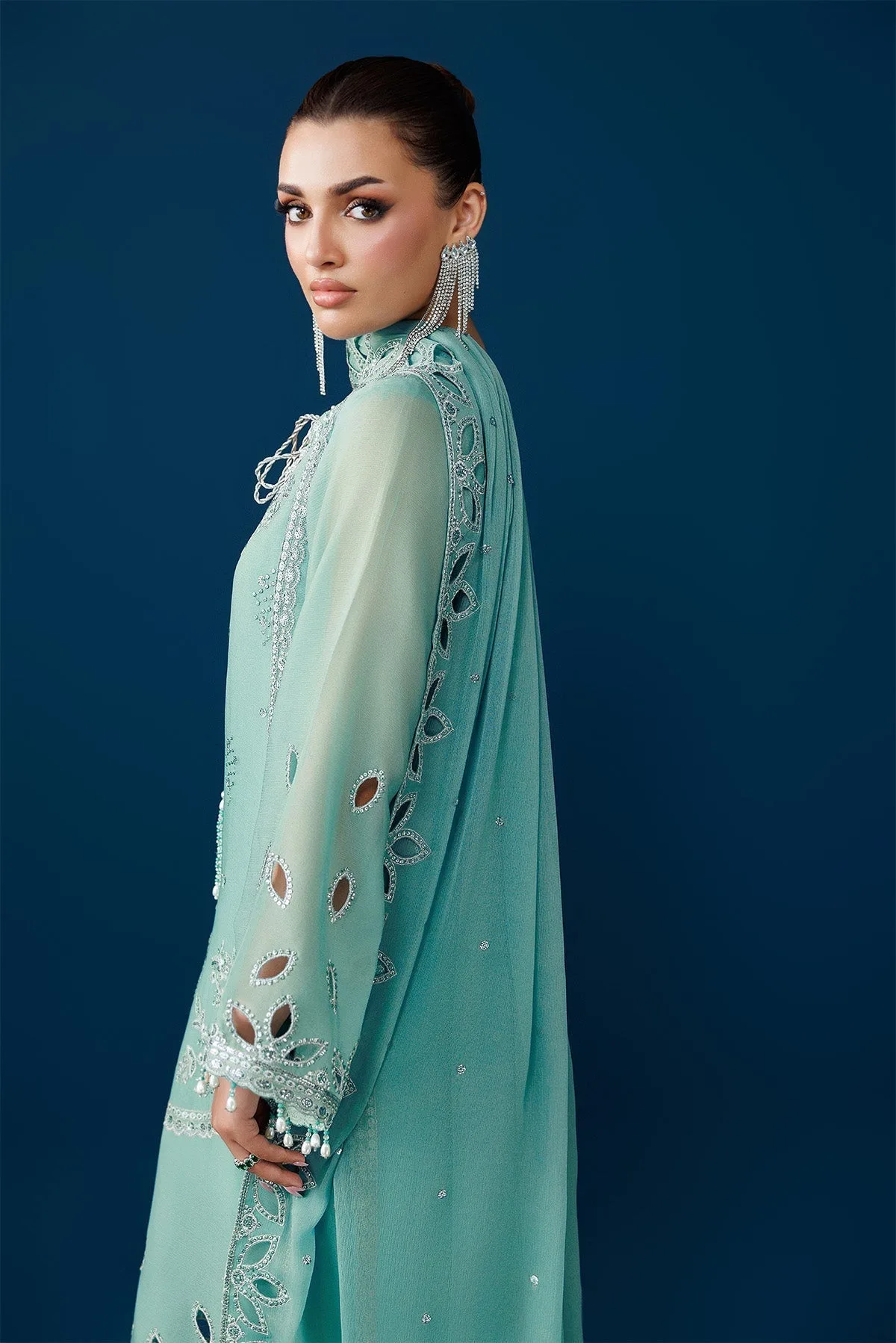 Teal green silk and chiffon long shirt with embroidered details – view 6 – Poshaq