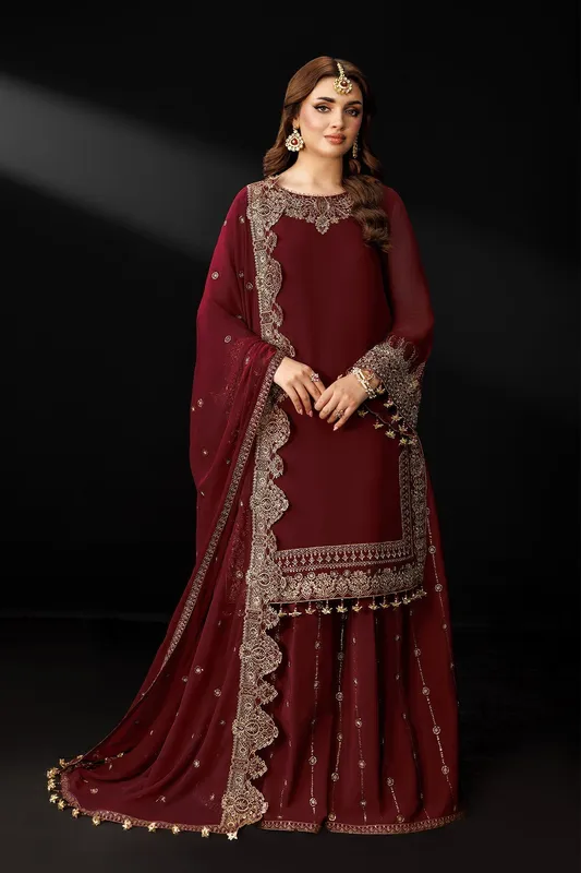 Maroon formal suit with embroidered kameez, trousers and dupatta – view 1 – Poshaq