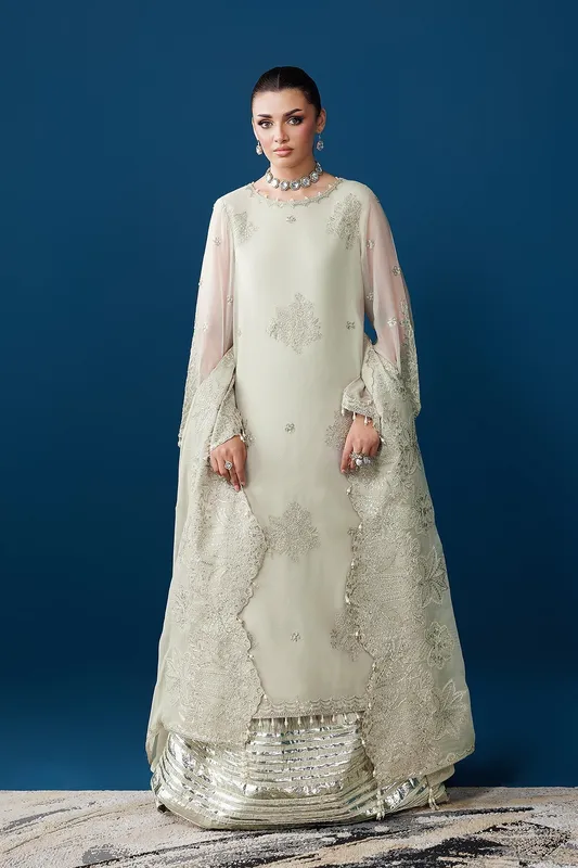 Green white raw silk and chiffon long shirt dress with embroidered details – view 1 – Poshaq