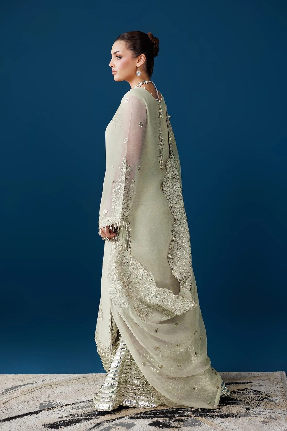 Green white raw silk and chiffon long shirt dress with embroidered details – view 2 – Poshaq
