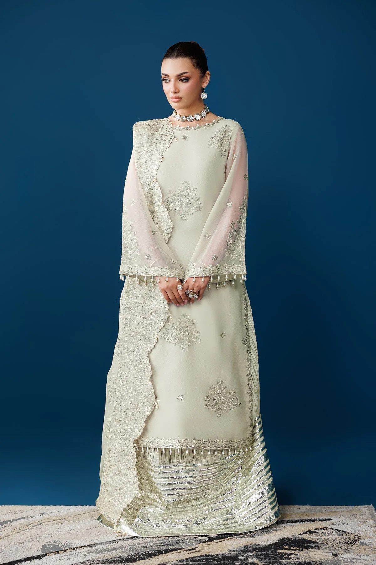 Green white raw silk and chiffon long shirt dress with embroidered details – view 3 – Poshaq