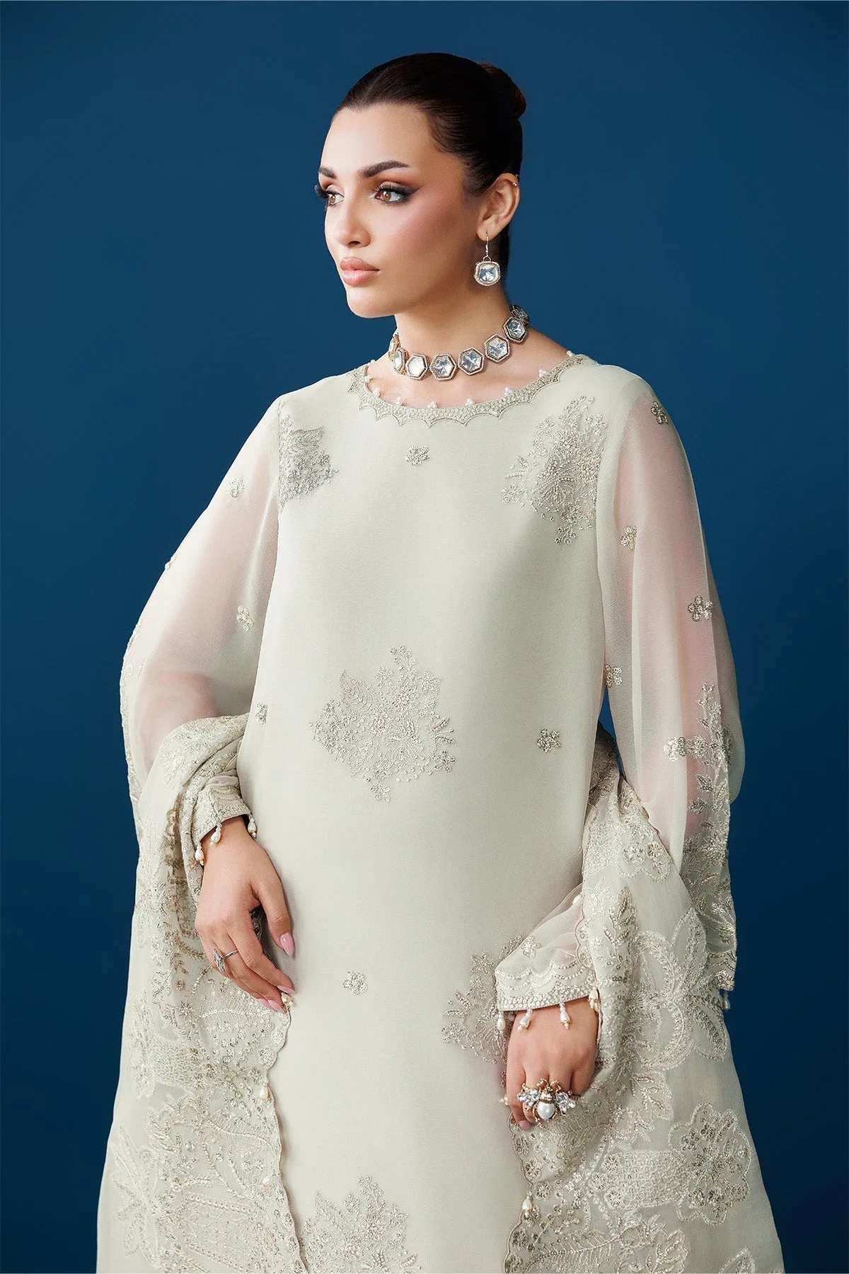 Green white raw silk and chiffon long shirt dress with embroidered details – view 4 – Poshaq