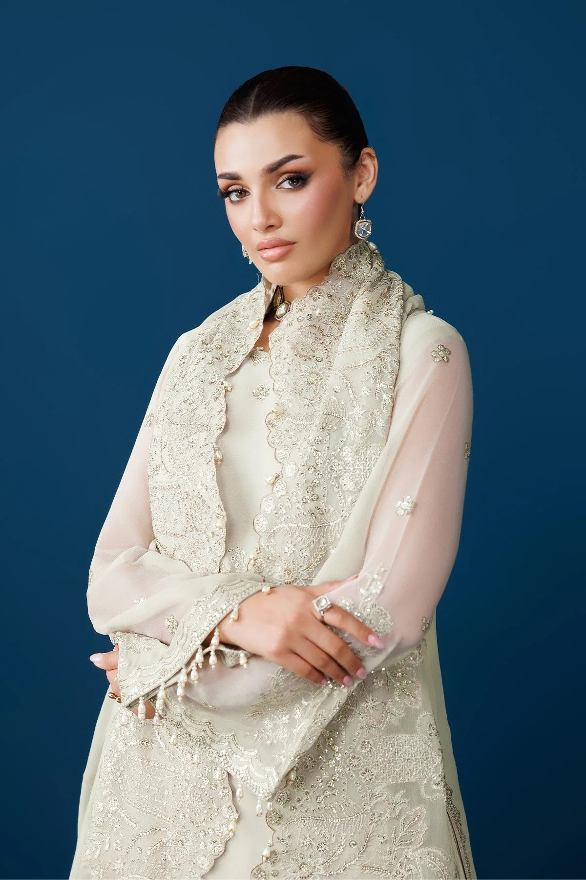 Green white raw silk and chiffon long shirt dress with embroidered details – view 5 – Poshaq