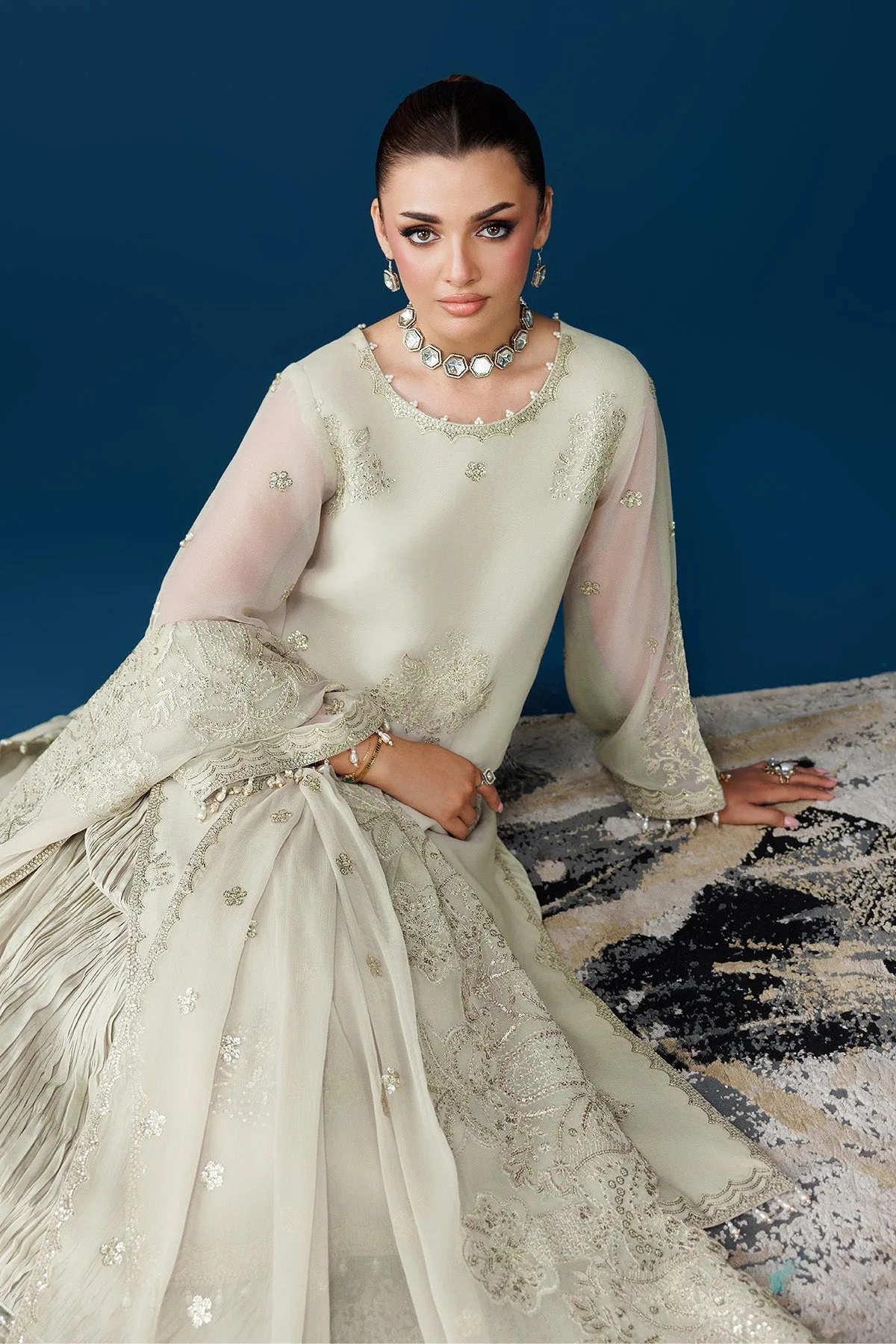 Green white raw silk and chiffon long shirt dress with embroidered details – view 6 – Poshaq
