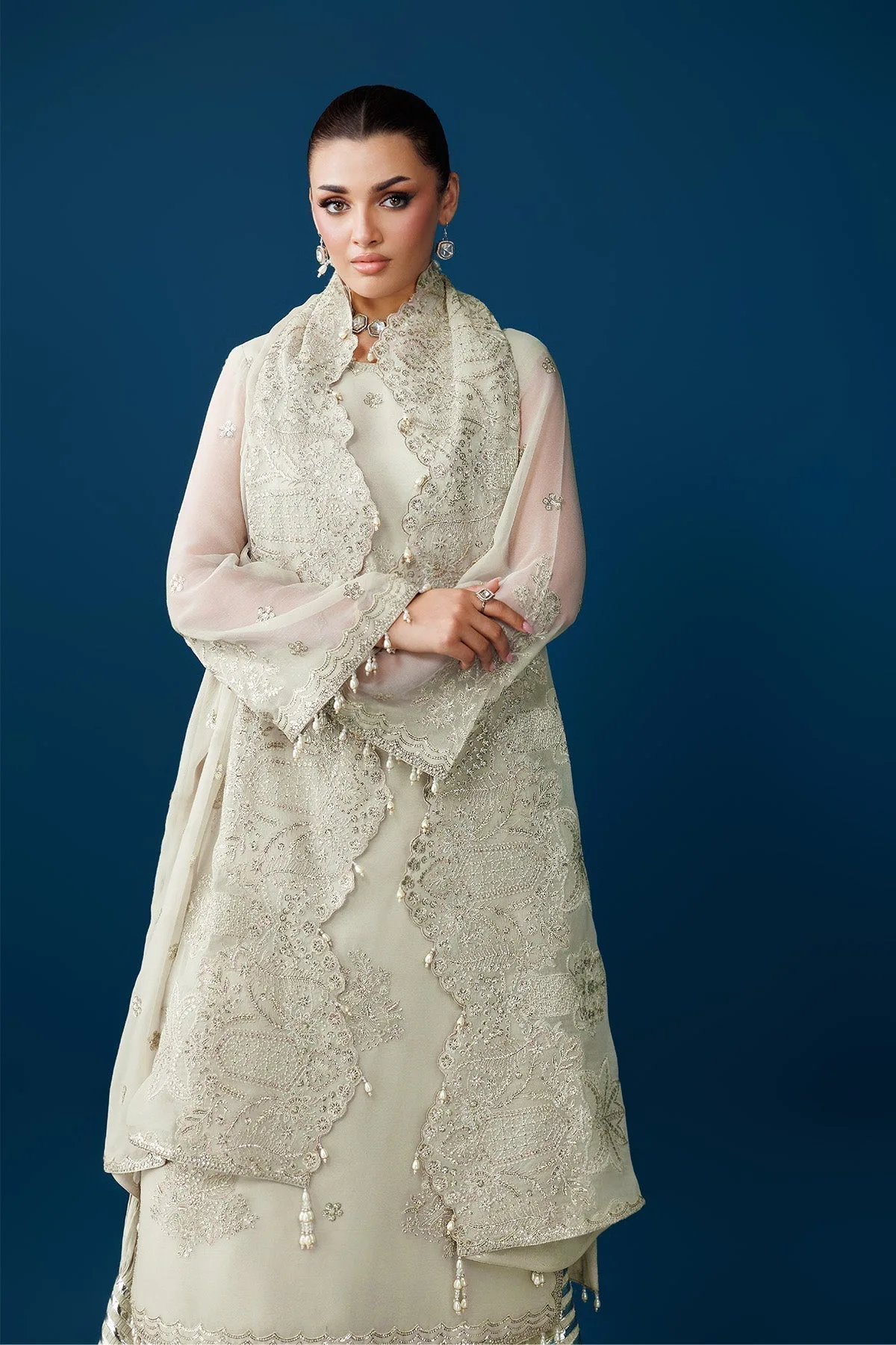 Green white raw silk and chiffon long shirt dress with embroidered details – view 7 – Poshaq