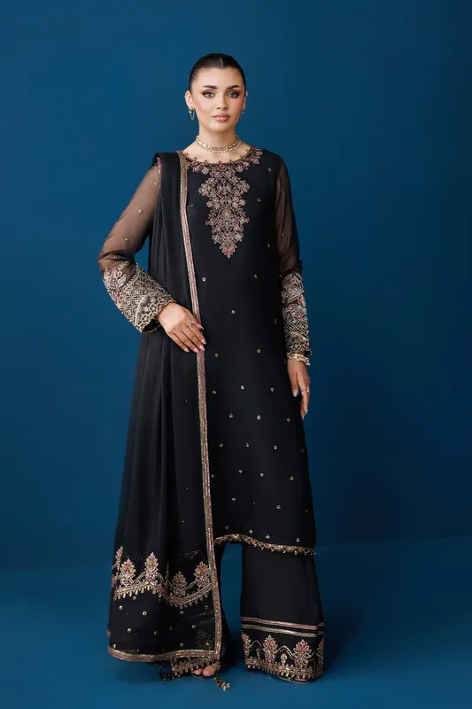 Black silk formal long shirt with embroidered neckline and chiffon sleeves – view 1 – Poshaq