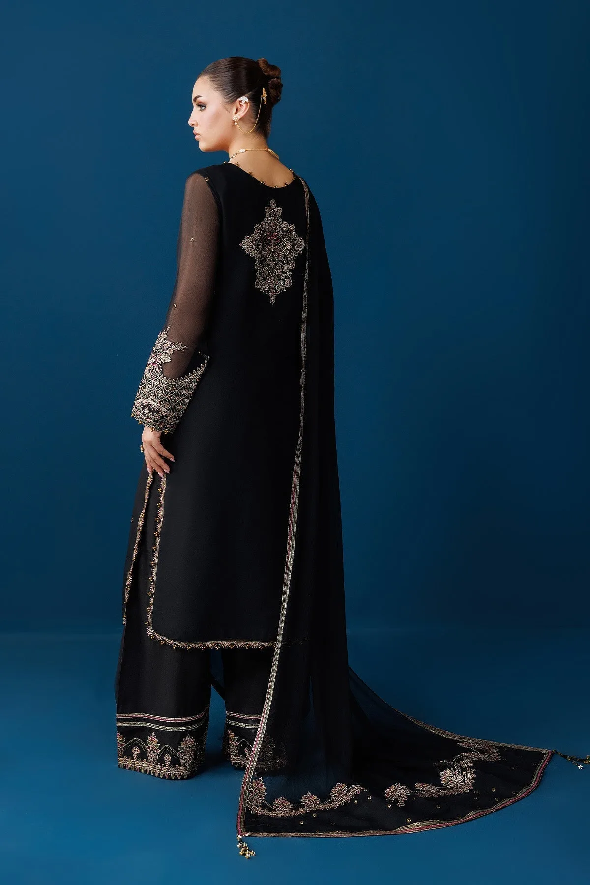 Black silk formal long shirt with embroidered neckline and chiffon sleeves – view 2 – Poshaq