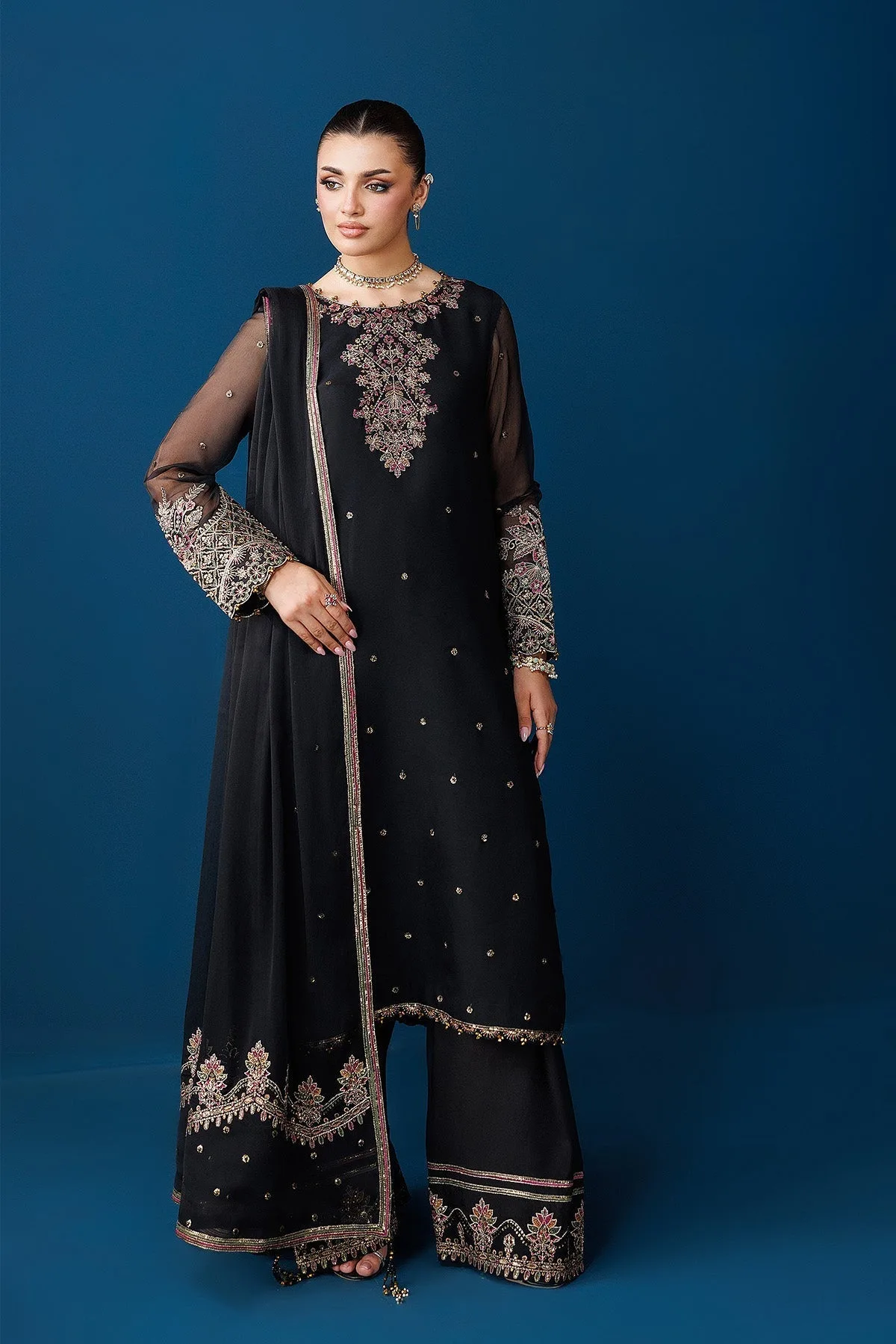 Black silk formal long shirt with embroidered neckline and chiffon sleeves – view 3 – Poshaq