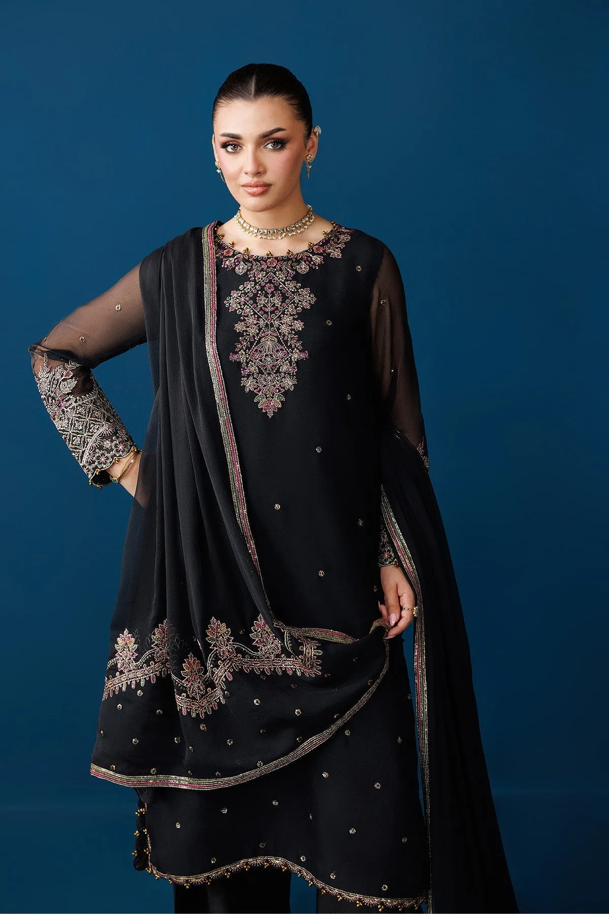 Black silk formal long shirt with embroidered neckline and chiffon sleeves – view 4 – Poshaq