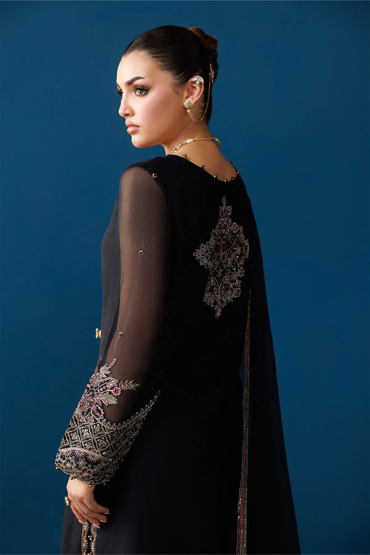 Black silk formal long shirt with embroidered neckline and chiffon sleeves – view 5 – Poshaq
