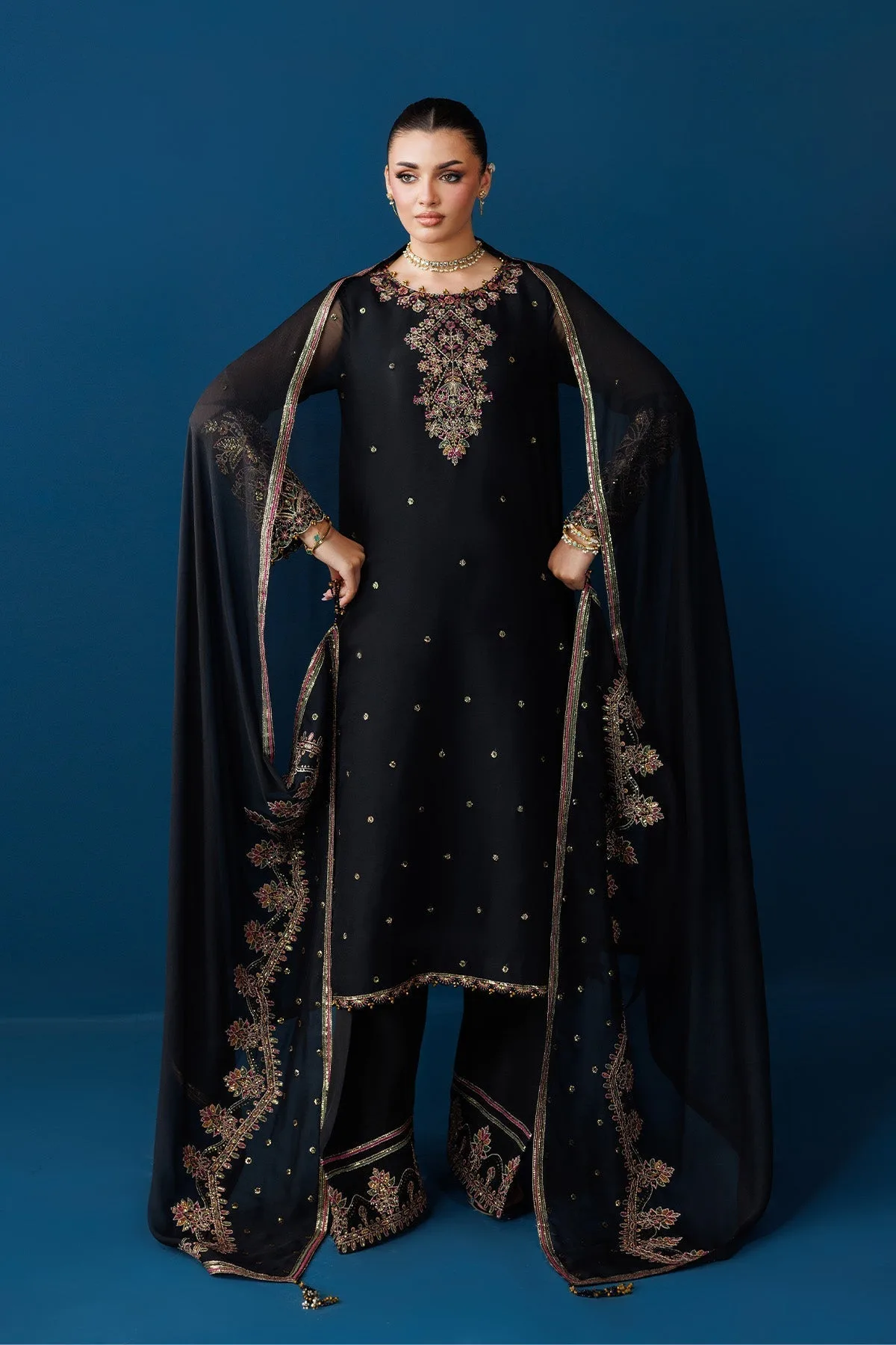 Black silk formal long shirt with embroidered neckline and chiffon sleeves – view 6 – Poshaq