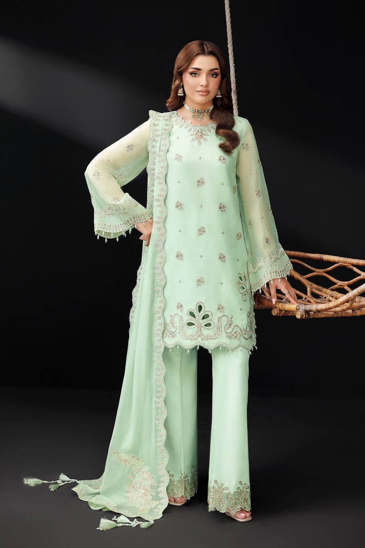 mint green silk suit with embroidered front and dupatta – view 1 – Poshaq