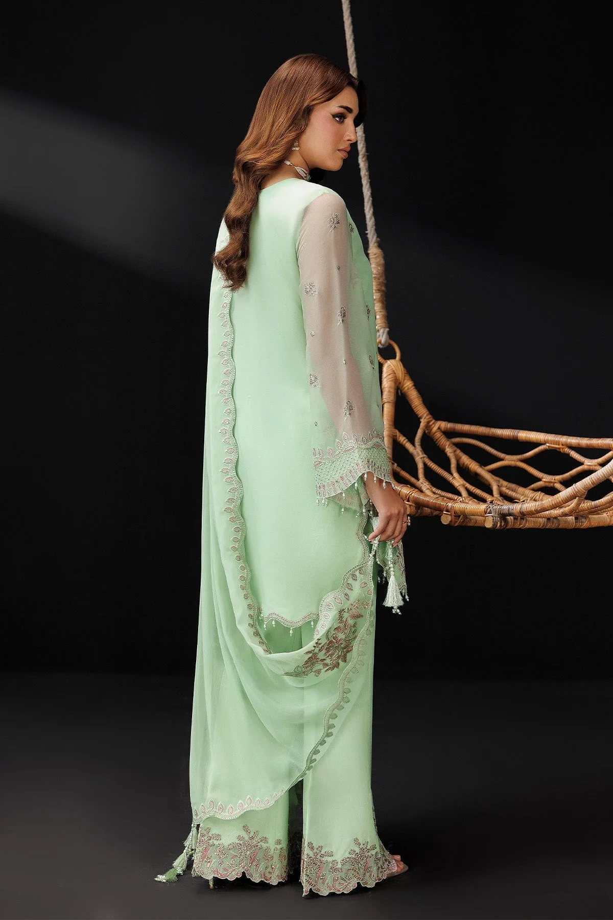 mint green silk suit with embroidered front and dupatta – view 2 – Poshaq
