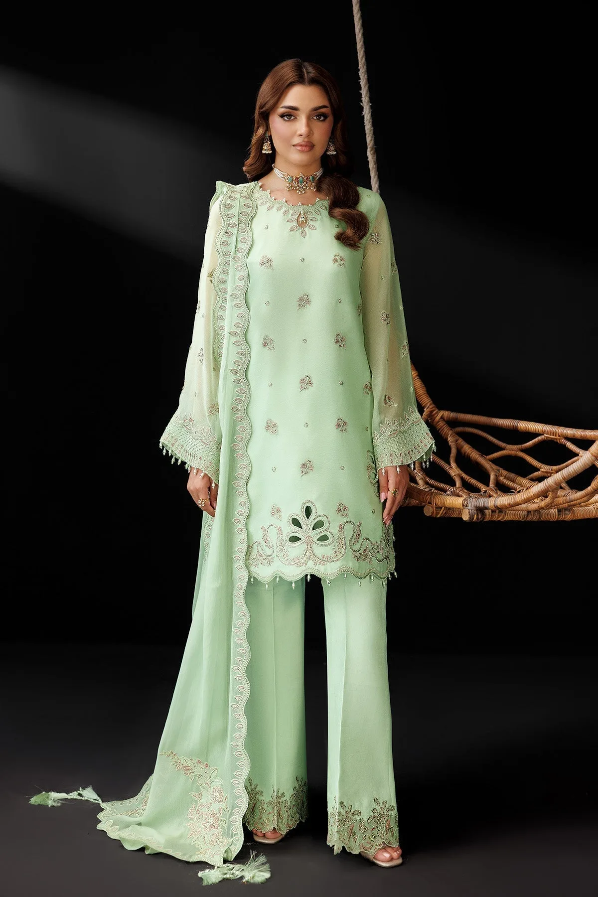mint green silk suit with embroidered front and dupatta – view 3 – Poshaq