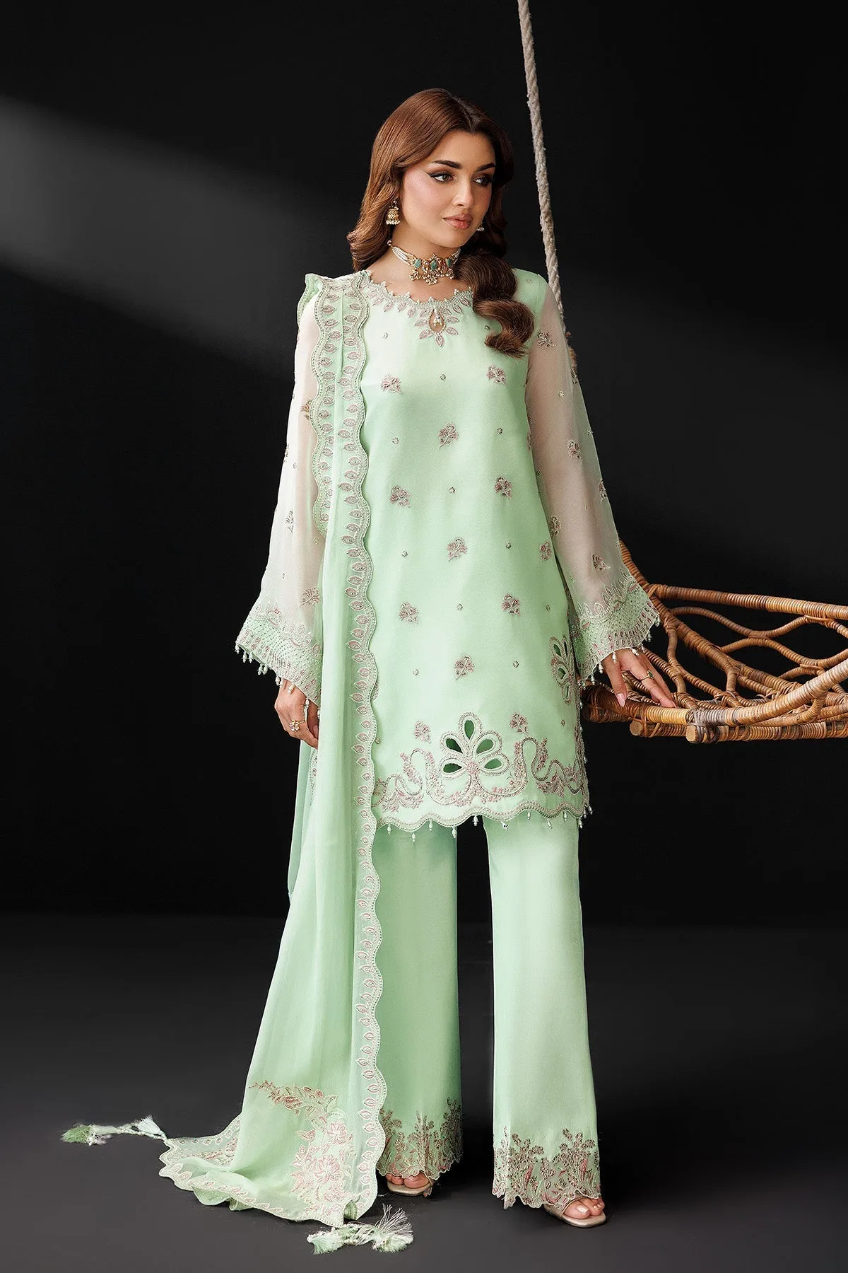 mint green silk suit with embroidered front and dupatta – view 4 – Poshaq