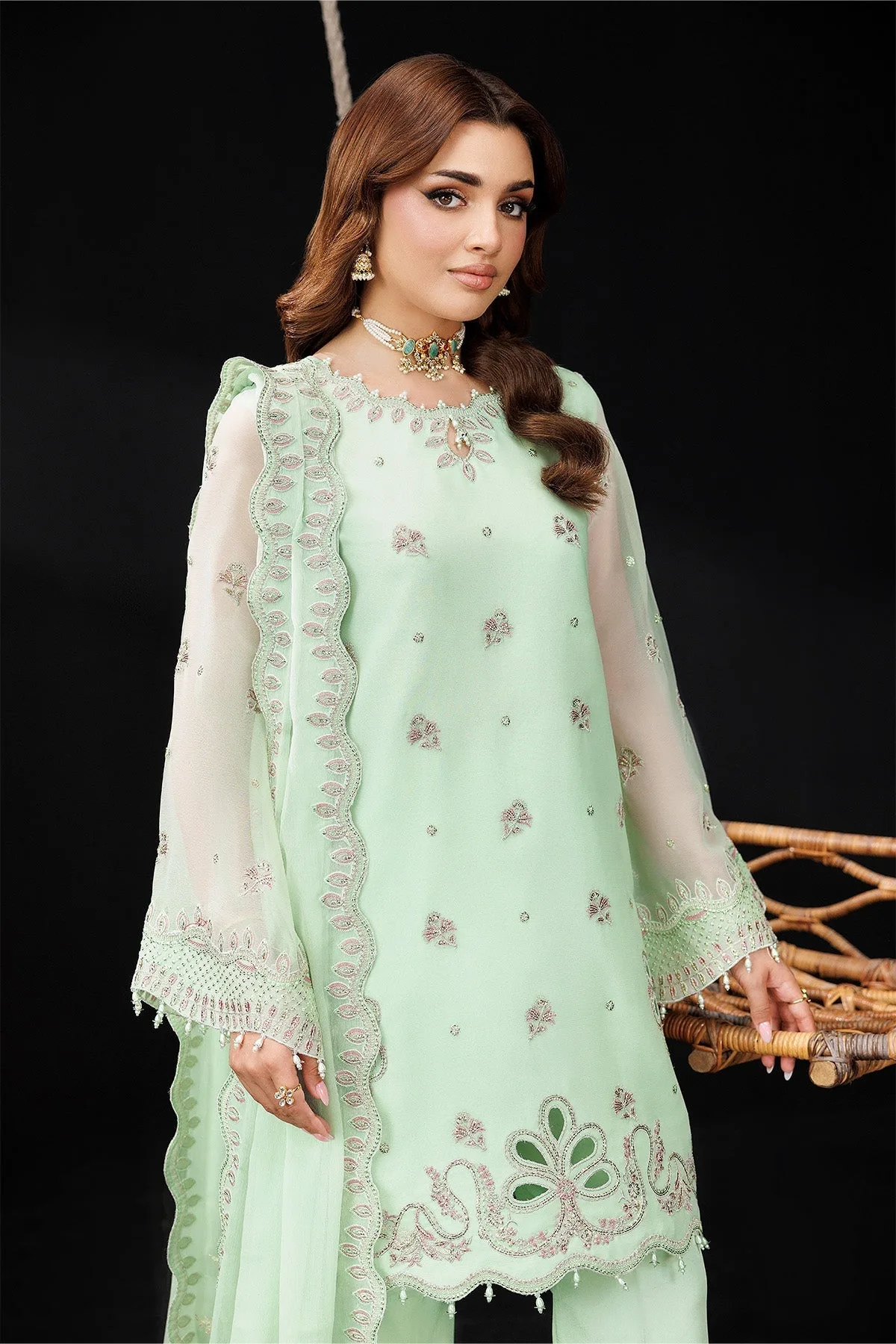 mint green silk suit with embroidered front and dupatta – view 6 – Poshaq