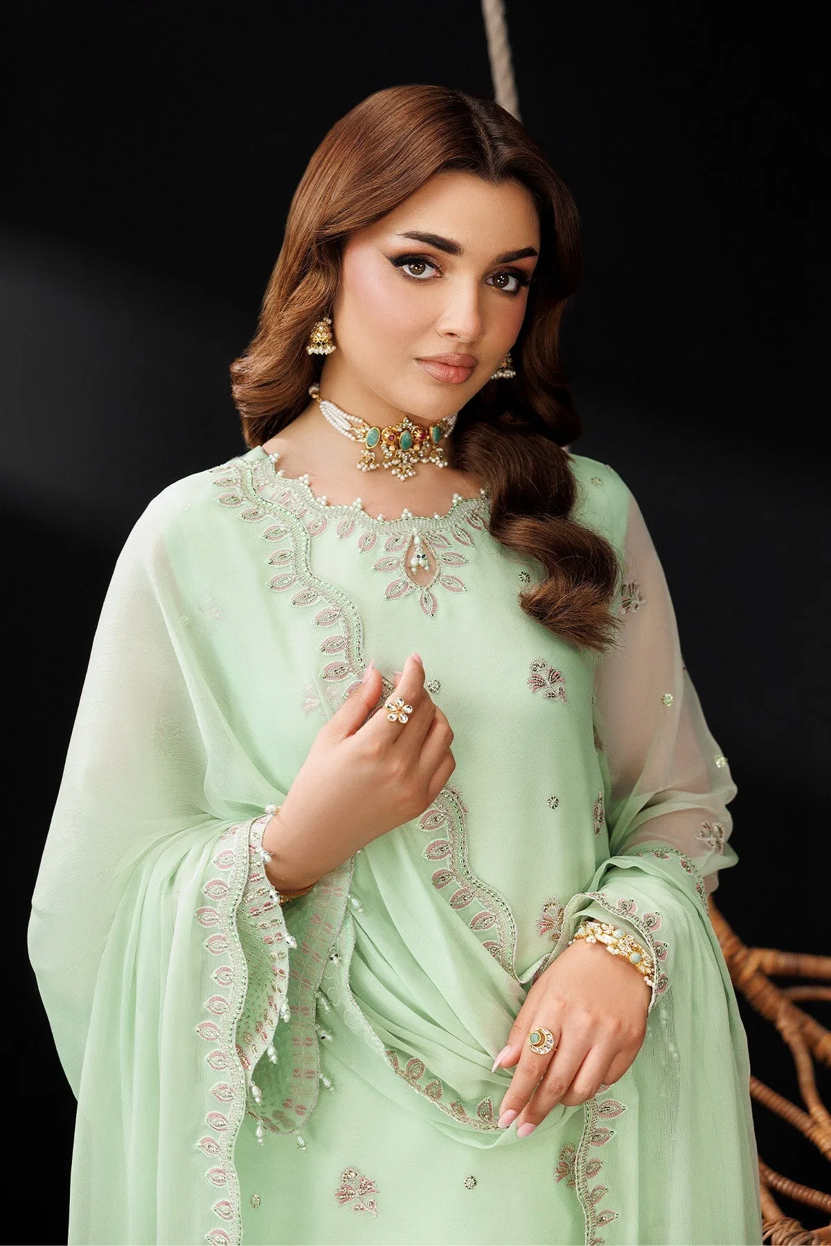 mint green silk suit with embroidered front and dupatta – view 7 – Poshaq
