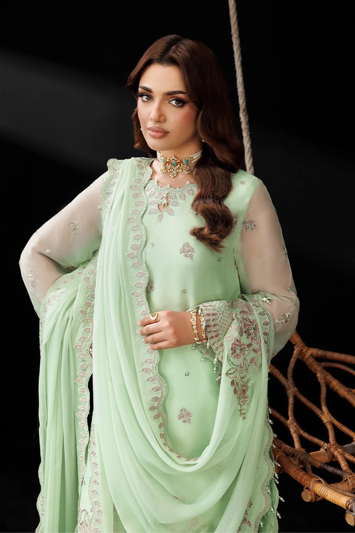 mint green silk suit with embroidered front and dupatta – view 8 – Poshaq