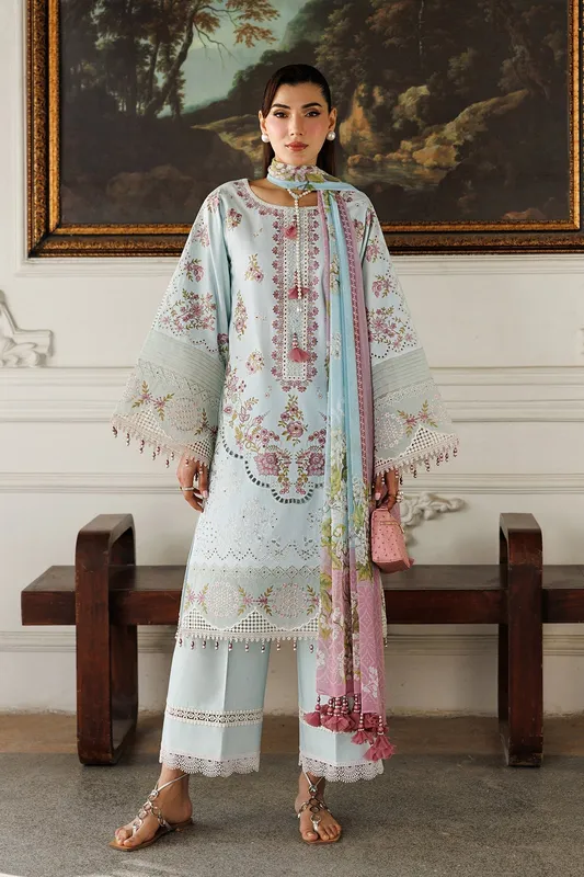 Ice blue embroidered lawn suit with organza shirt, chiffon dupatta and cotton trousers – view 1 – Poshaq
