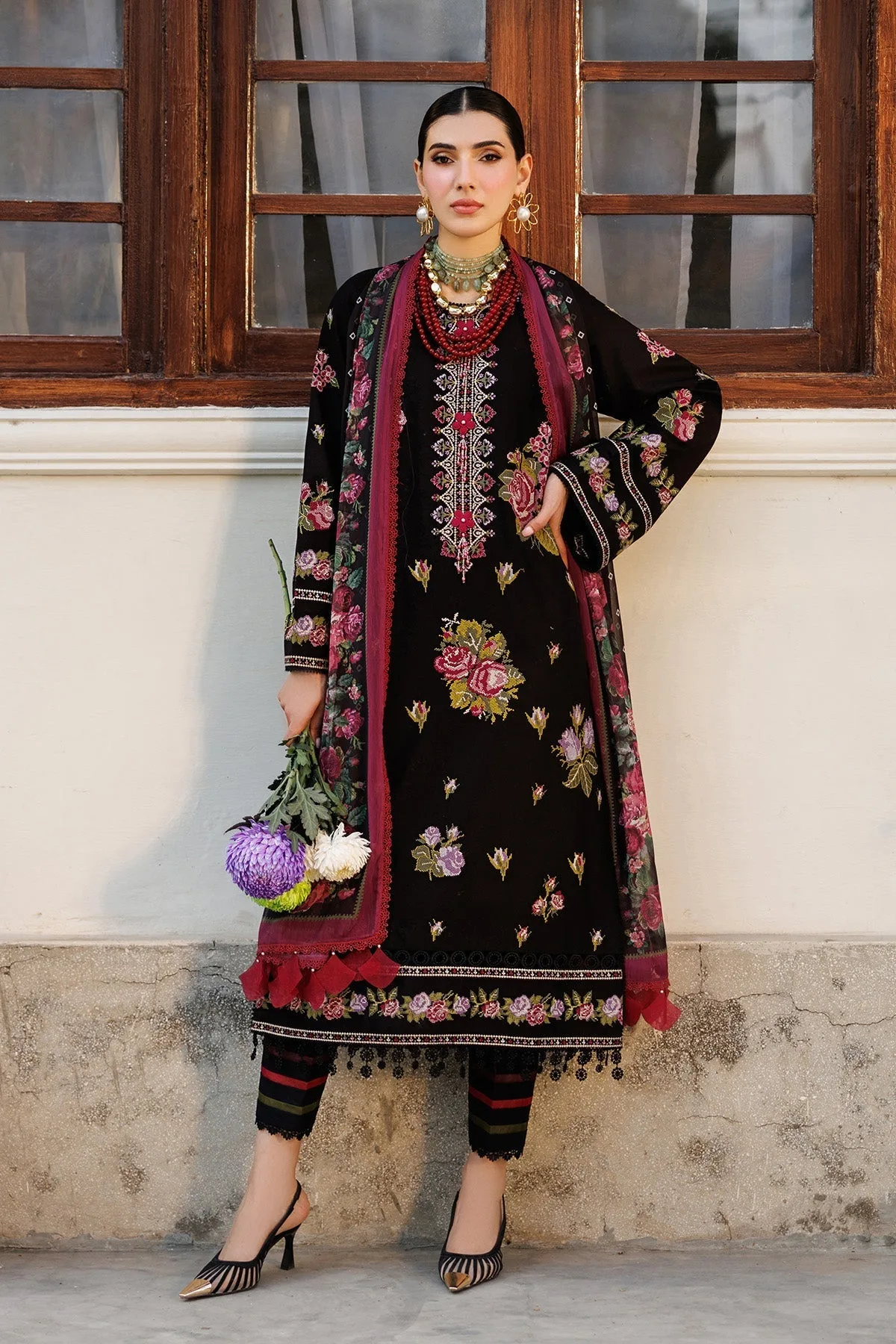 black long shirt with chiffon and cotton detailing – view 2 – Poshaq