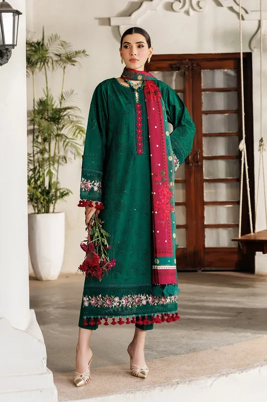 Bottle green long shirt with embroidered organza border and chiffon dupatta – view 1 – Poshaq
