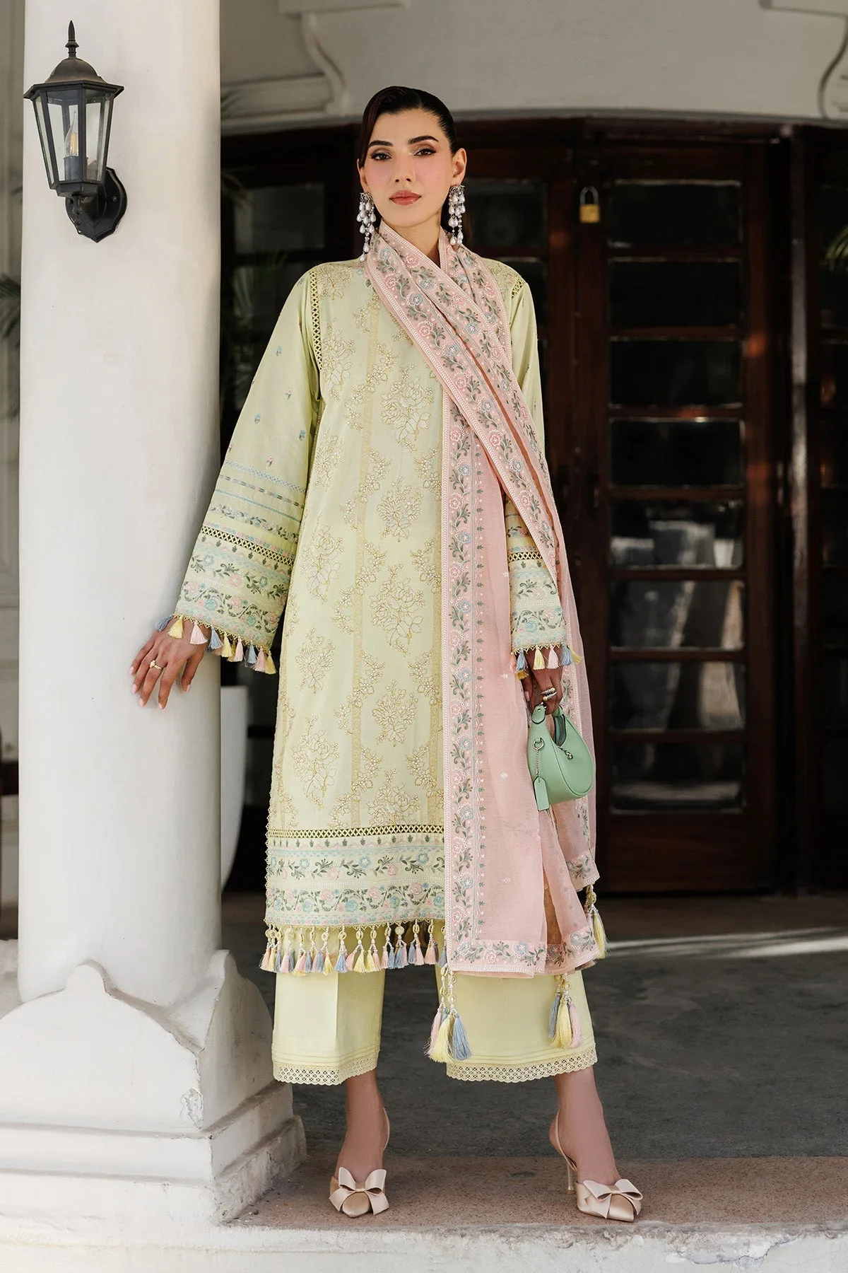 Mint coloured three‑piece lawn suit with organza embroidered shirt – view 1 – Poshaq