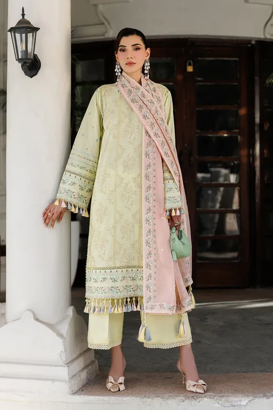 Mint coloured three‑piece lawn suit with organza embroidered shirt – view 1 – Poshaq