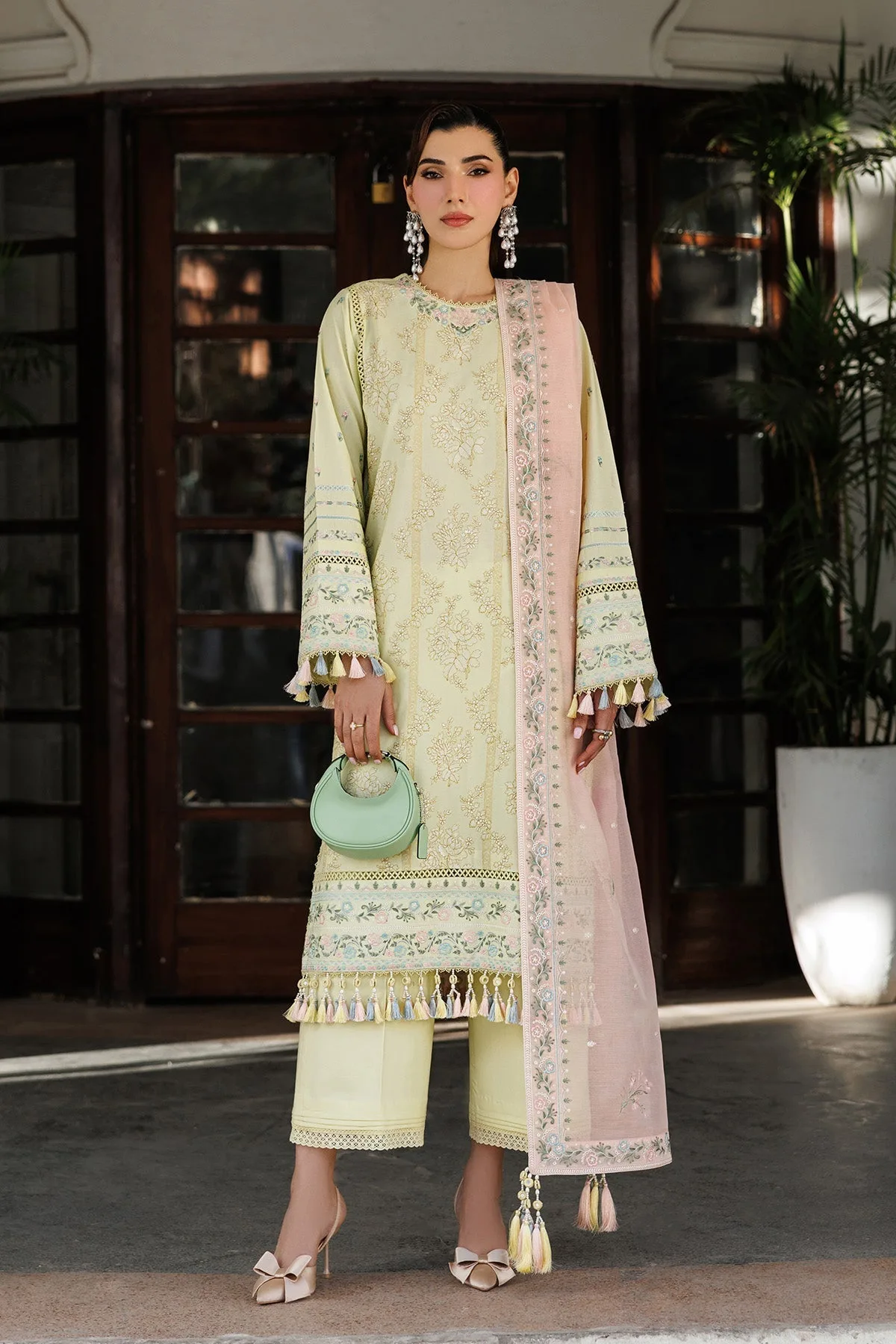 Mint coloured three‑piece lawn suit with organza embroidered shirt – view 3 – Poshaq