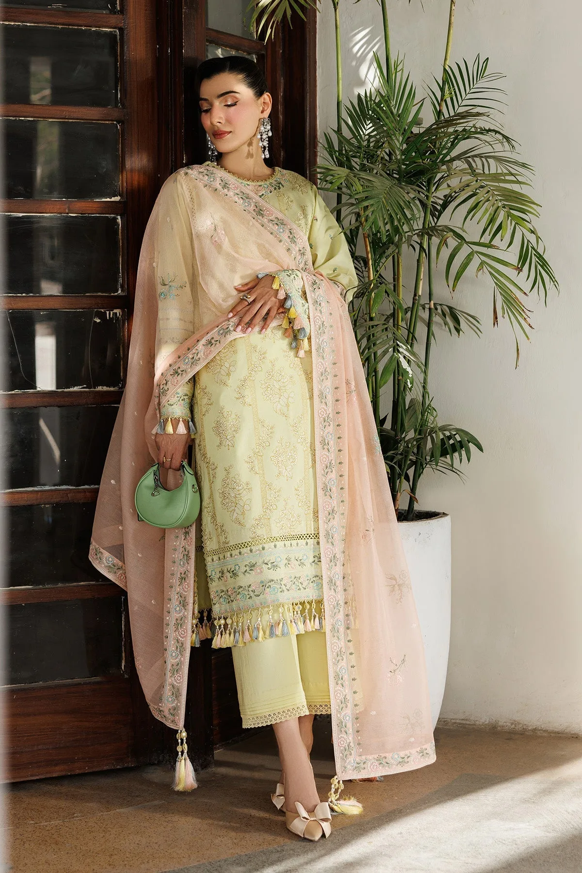 Mint coloured three‑piece lawn suit with organza embroidered shirt – view 6 – Poshaq
