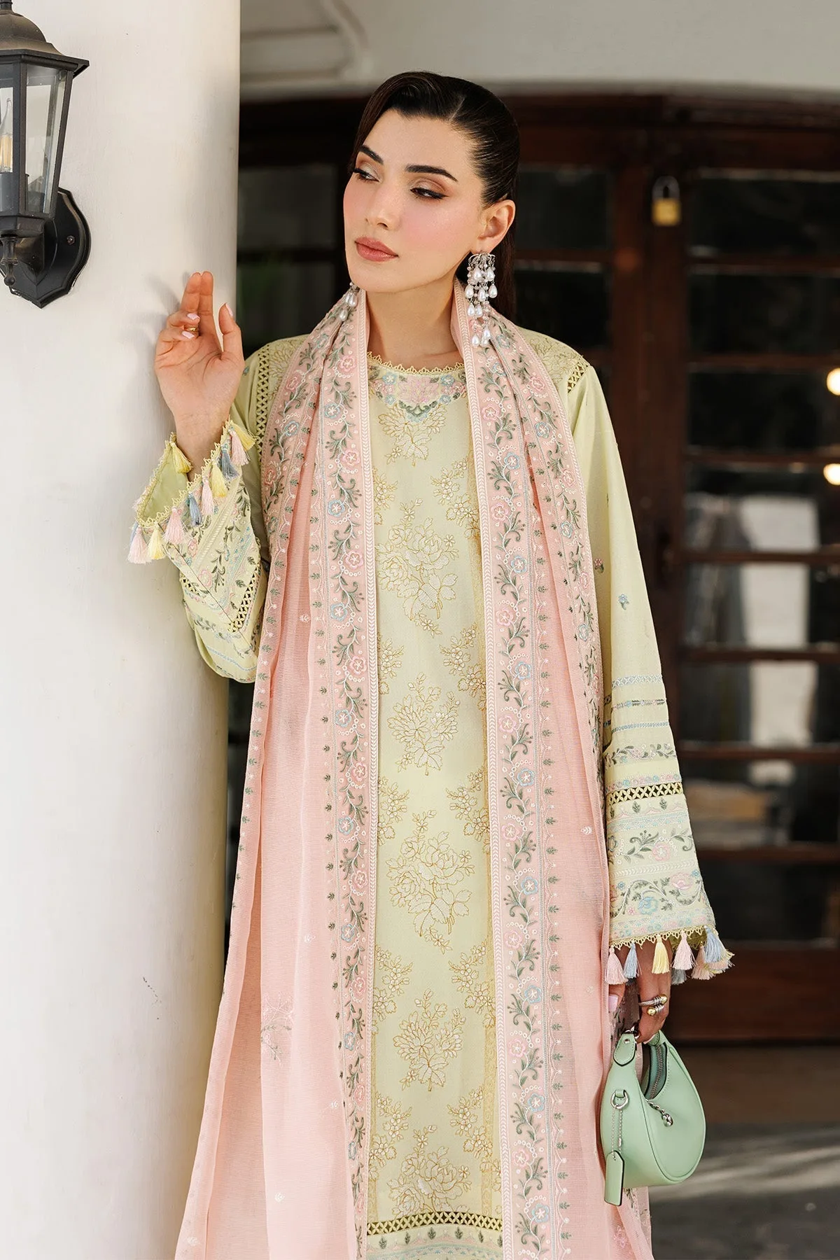 Mint coloured three‑piece lawn suit with organza embroidered shirt – view 7 – Poshaq