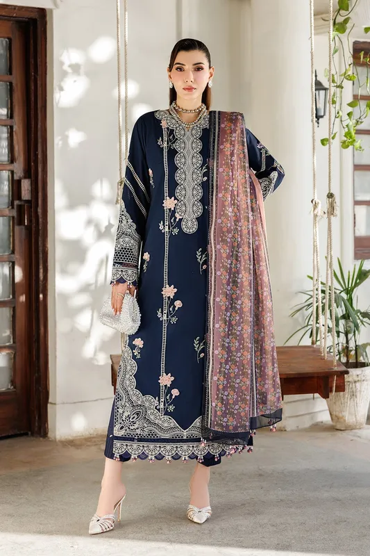 Midnight blue long shirt with organza front and embroidered details – view 1 – Poshaq
