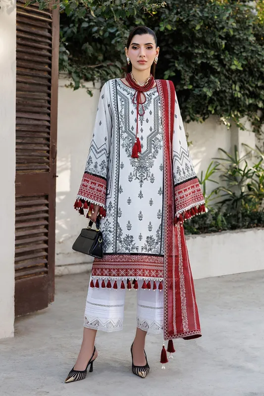 White chiffon lawn suit with embroidered shirt, trousers and dupatta – view 1 – Poshaq