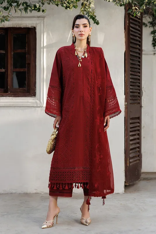 Maroon lawn suit with organza and chiffon detailing – view 1 – Poshaq