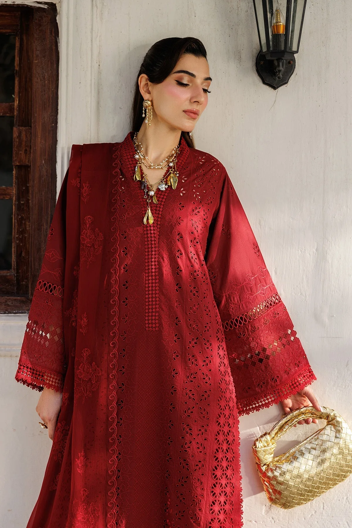 Maroon lawn suit with organza and chiffon detailing – view 3 – Poshaq