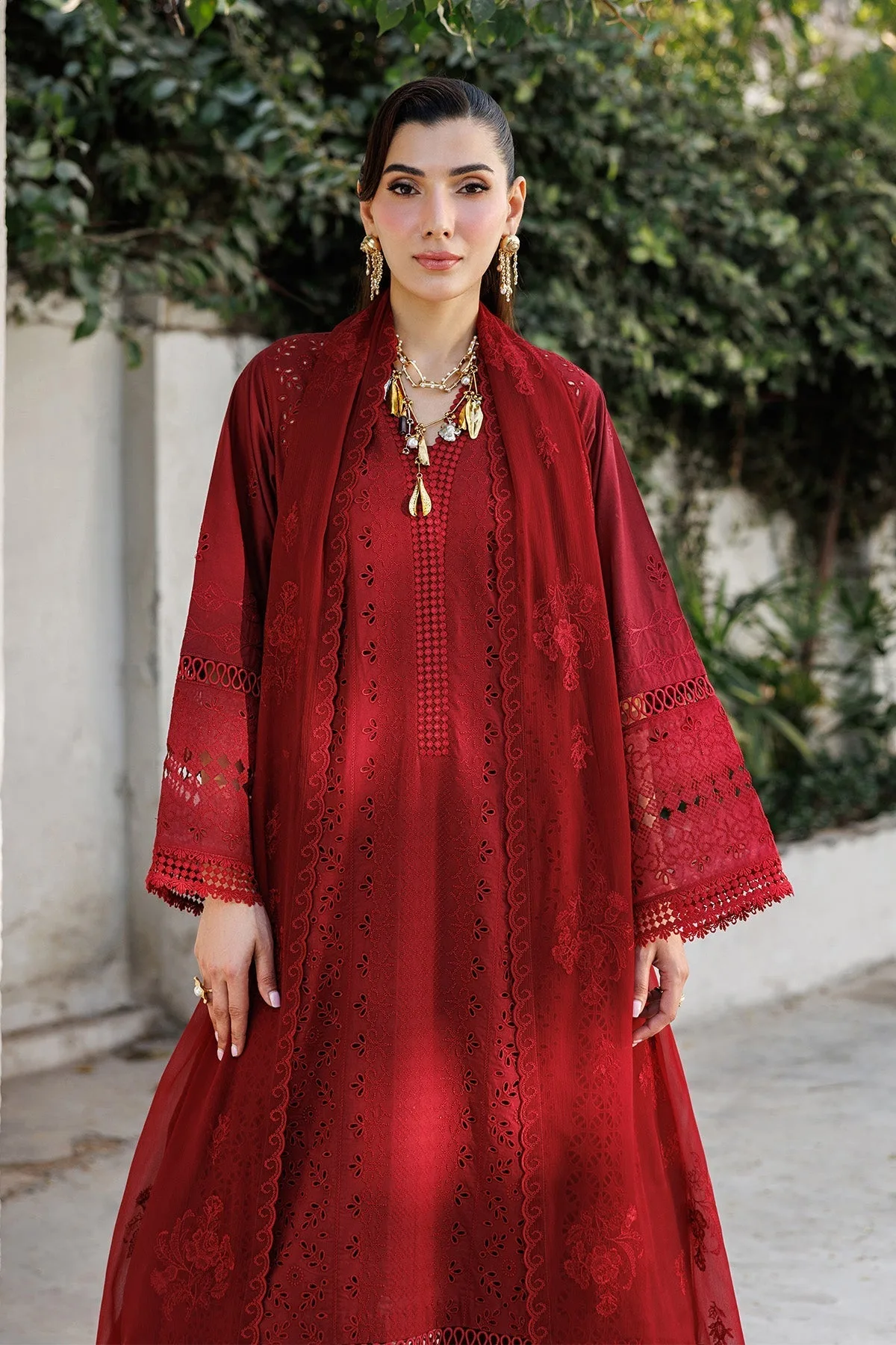 Maroon lawn suit with organza and chiffon detailing – view 6 – Poshaq