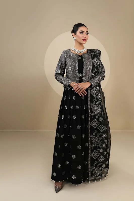 Embroidered silk jacket with chiffon panels, organza dupatta and matching trouser – view 1 – Poshaq