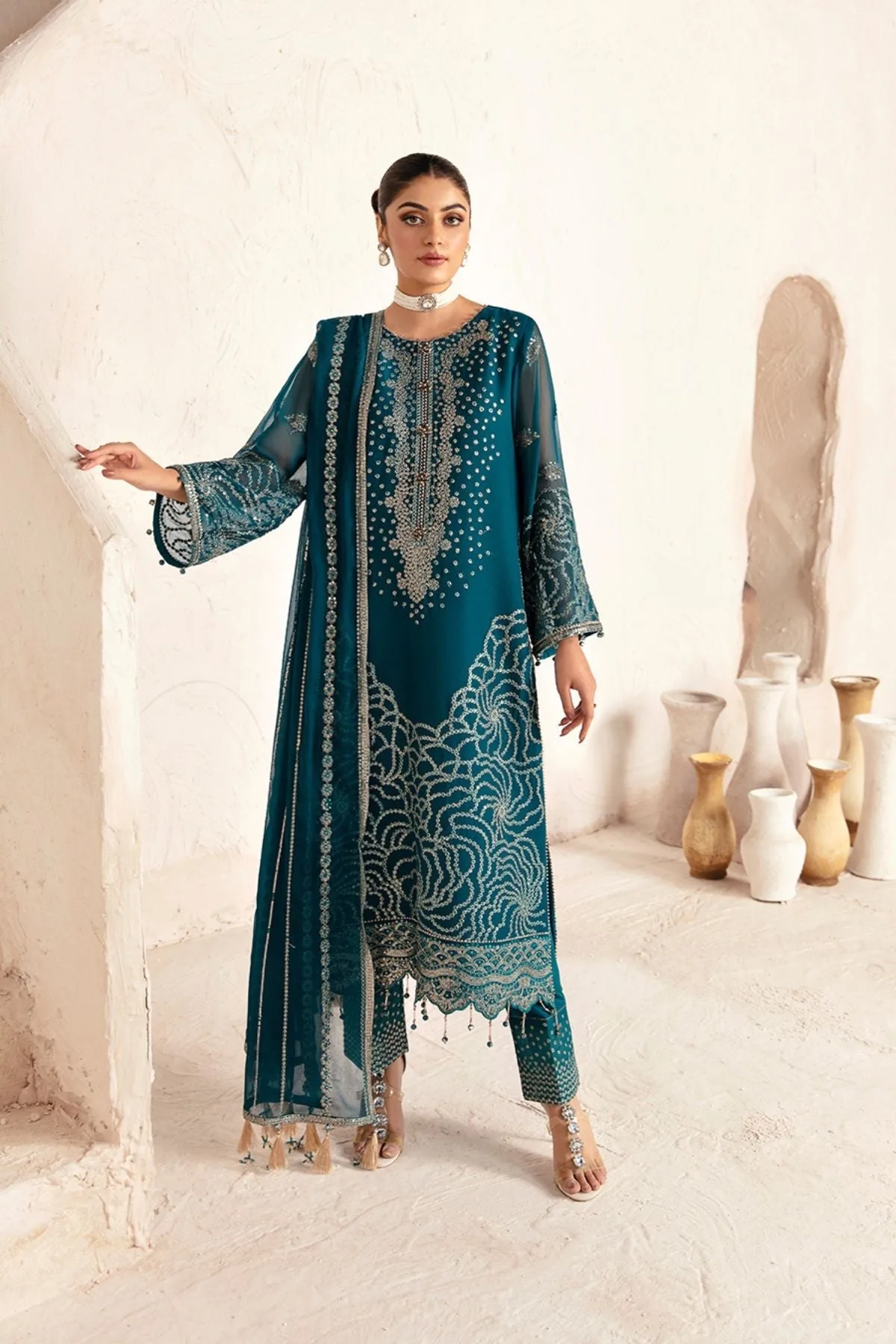 Alizeh long shirt with embroidered chiffon panels and matching raw silk trousers – view 1 – Poshaq