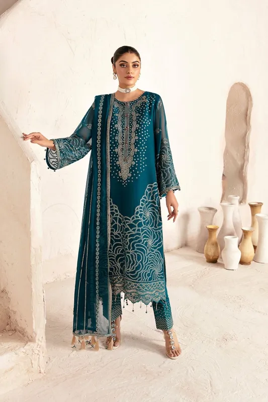 Alizeh long shirt with embroidered chiffon panels and matching raw silk trousers – view 1 – Poshaq