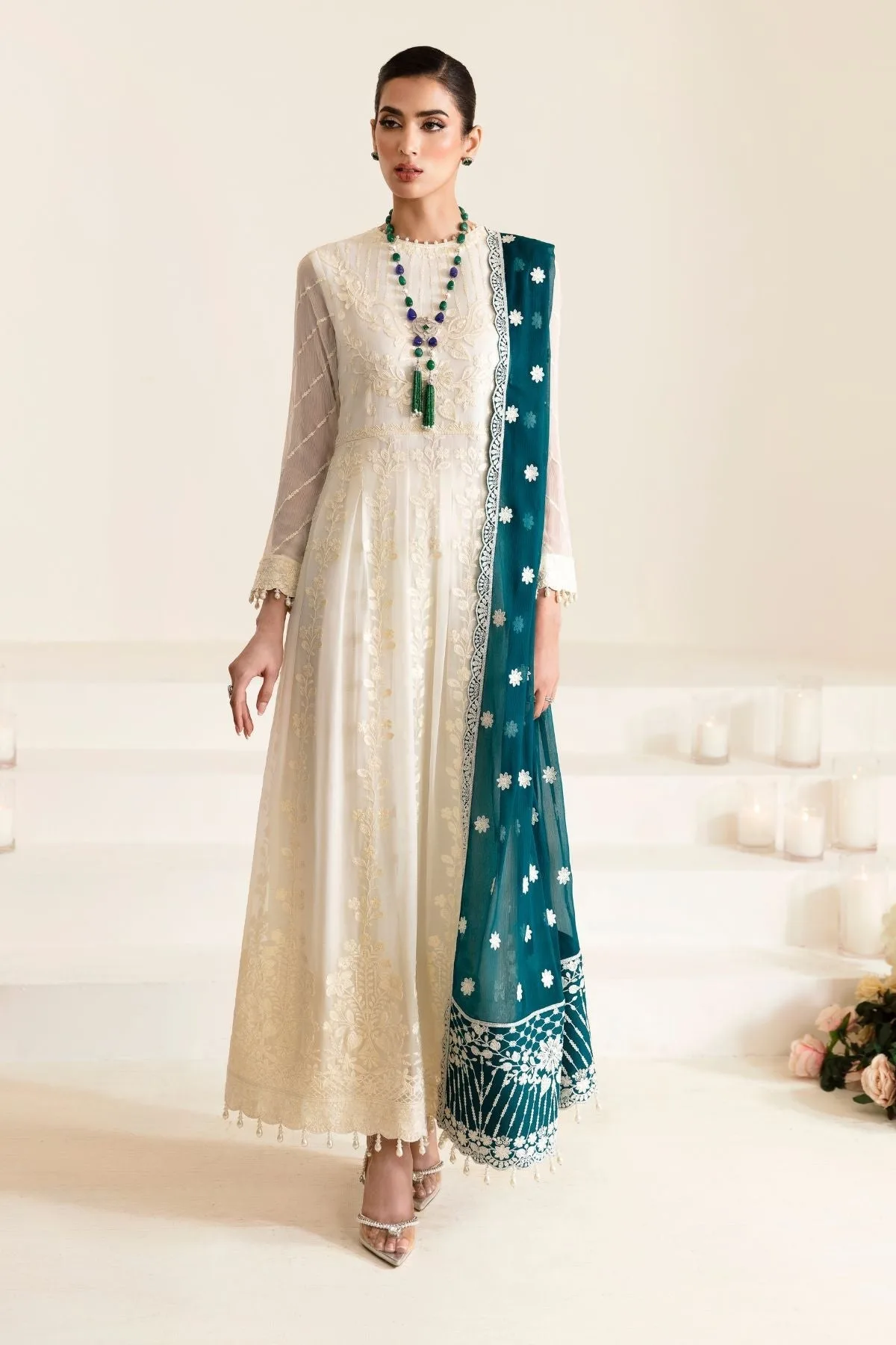 Ivory formal dress in organza and chiffon with subtle slub detail – view 1 – Poshaq