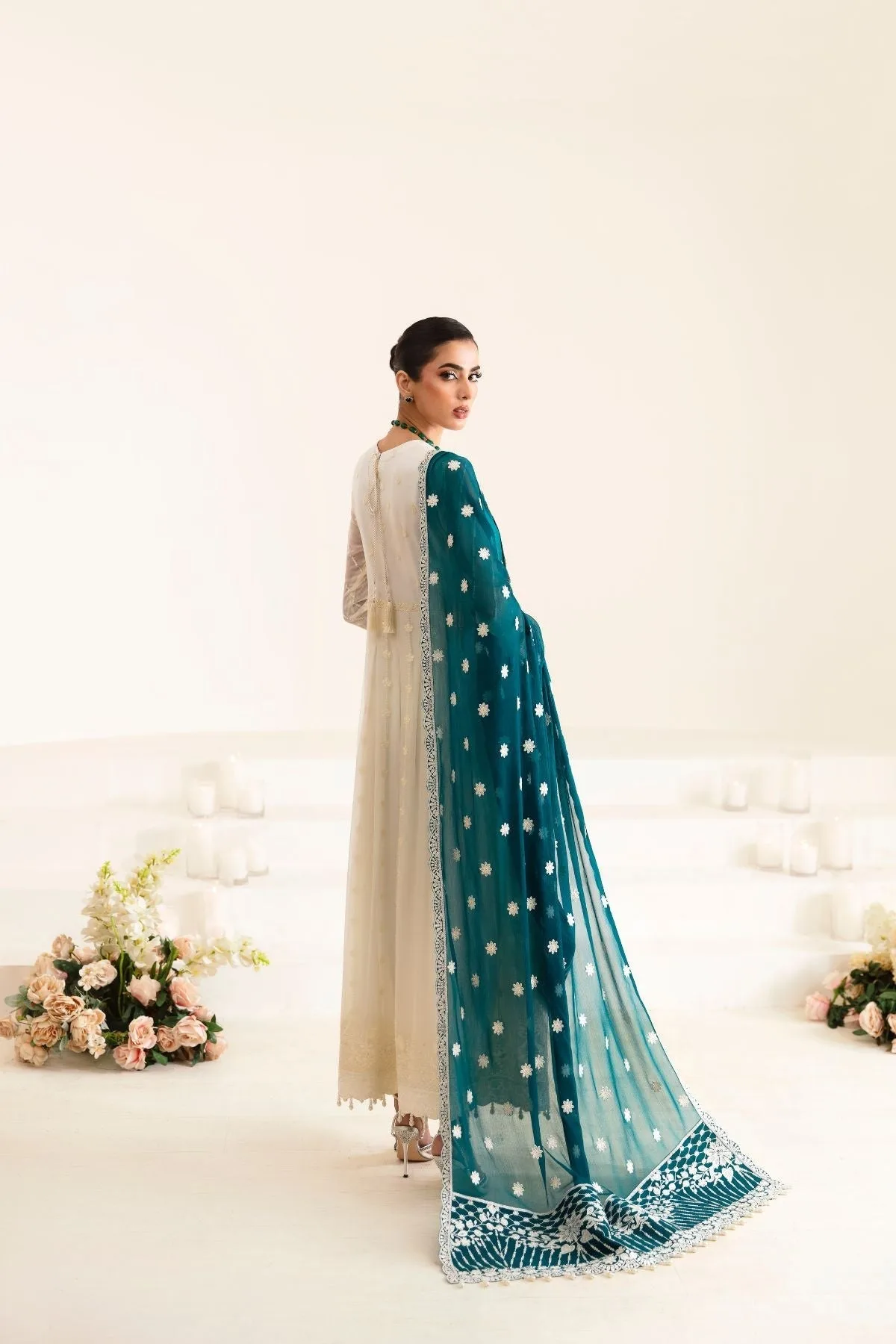Ivory formal dress in organza and chiffon with subtle slub detail – view 2 – Poshaq