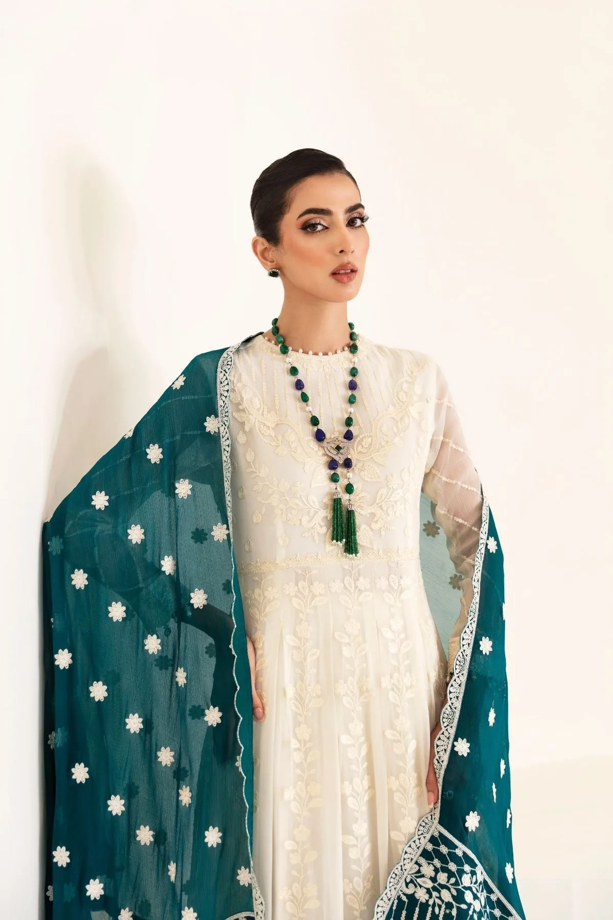 Ivory formal dress in organza and chiffon with subtle slub detail – view 3 – Poshaq