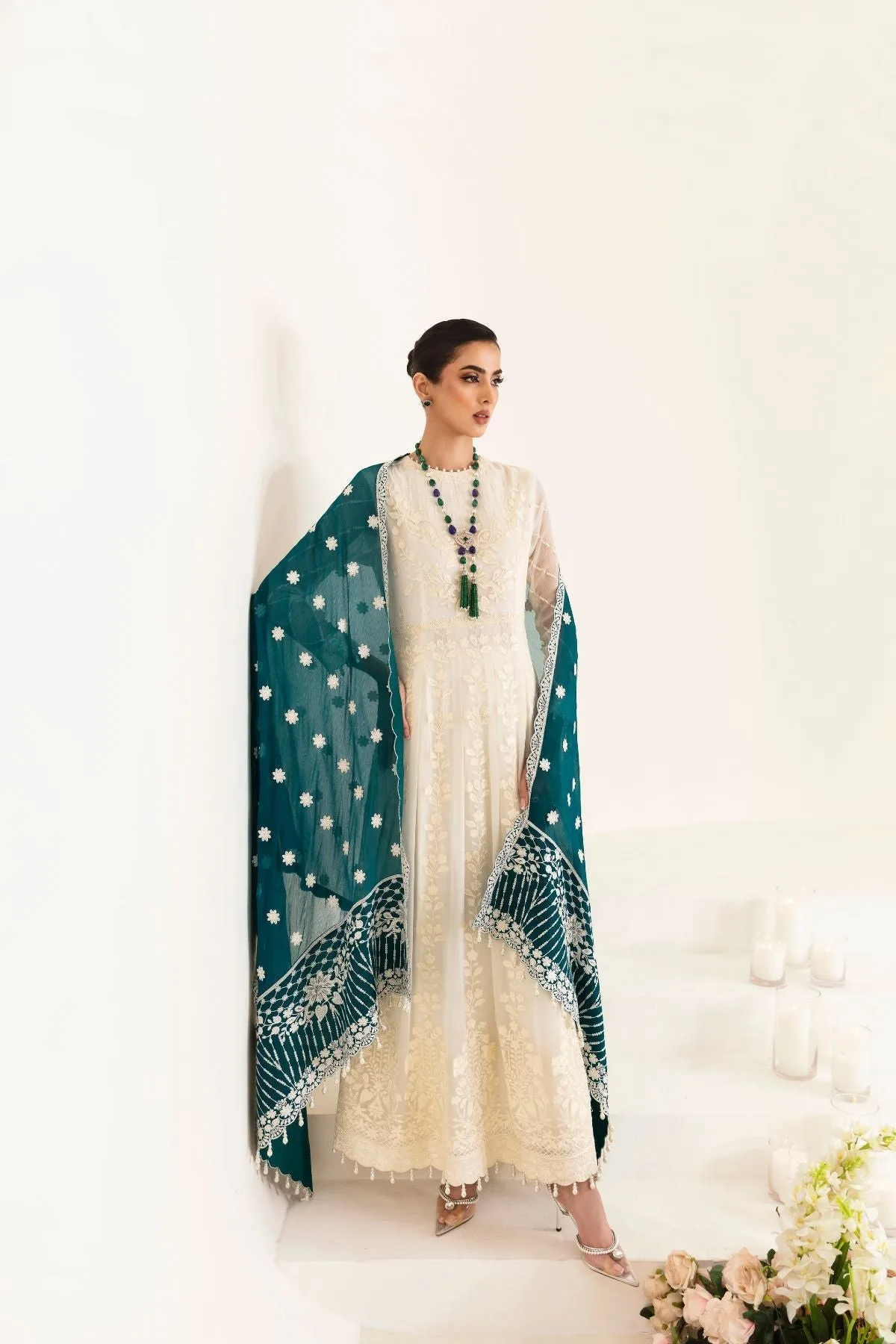 Ivory formal dress in organza and chiffon with subtle slub detail – view 4 – Poshaq