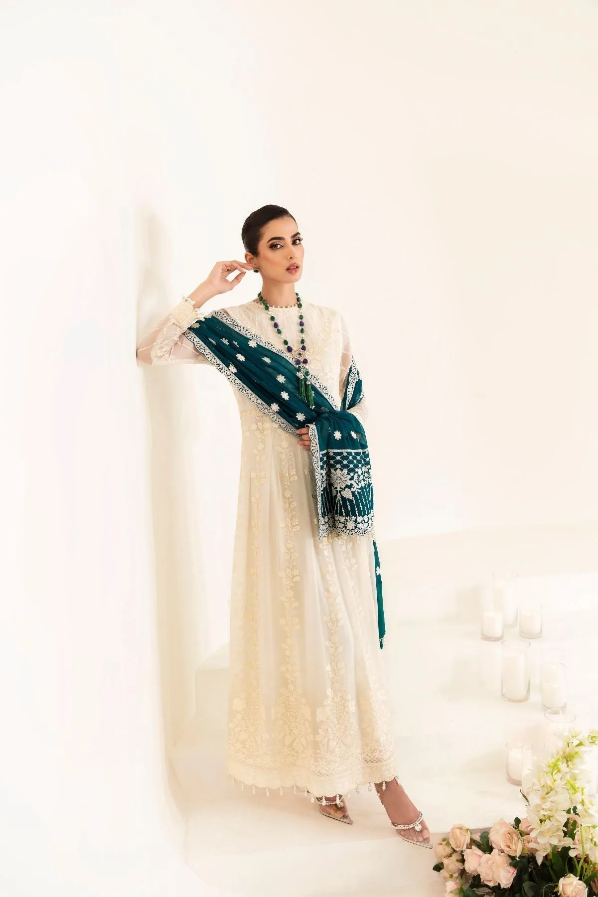 Ivory formal dress in organza and chiffon with subtle slub detail – view 5 – Poshaq