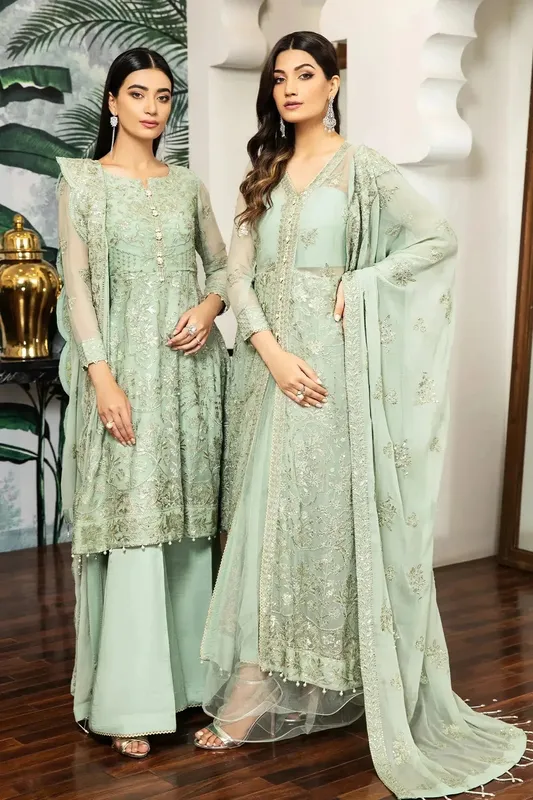 Silk formal suit with embroidered chiffon dupatta and raw silk trouser – view 1 – Poshaq
