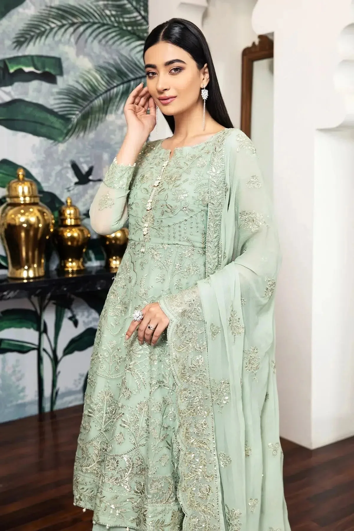 Silk formal suit with embroidered chiffon dupatta and raw silk trouser – view 2 – Poshaq