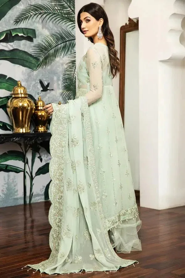 Silk formal suit with embroidered chiffon dupatta and raw silk trouser – view 3 – Poshaq