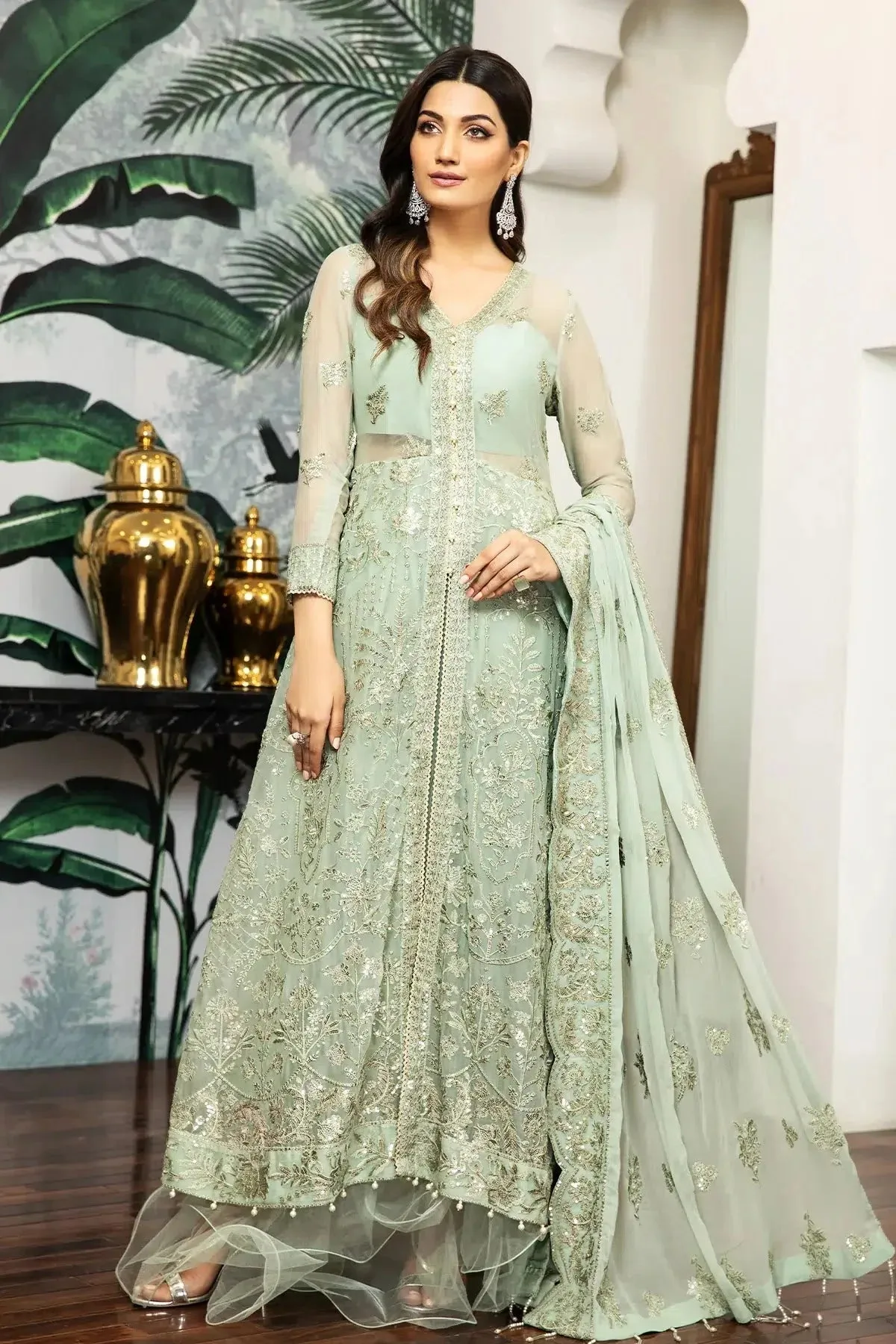 Silk formal suit with embroidered chiffon dupatta and raw silk trouser – view 5 – Poshaq
