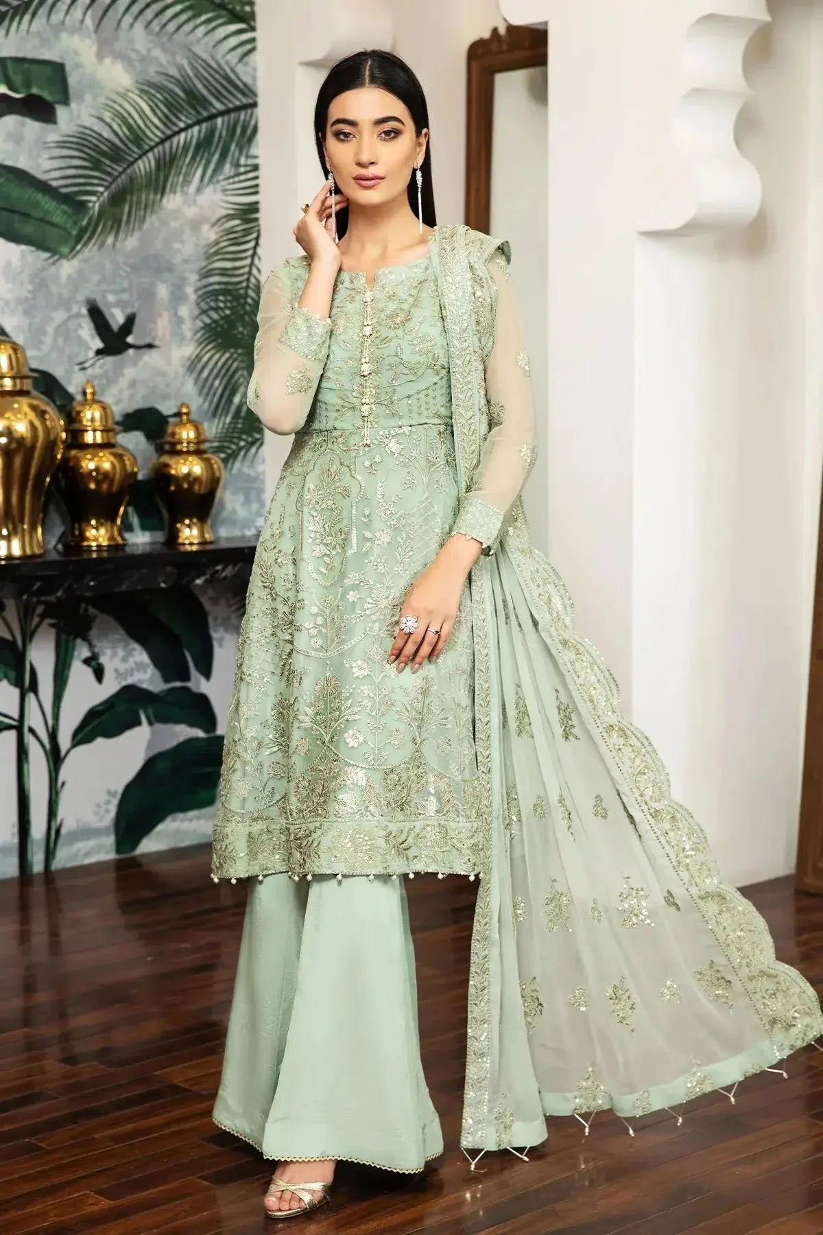 Silk formal suit with embroidered chiffon dupatta and raw silk trouser – view 6 – Poshaq