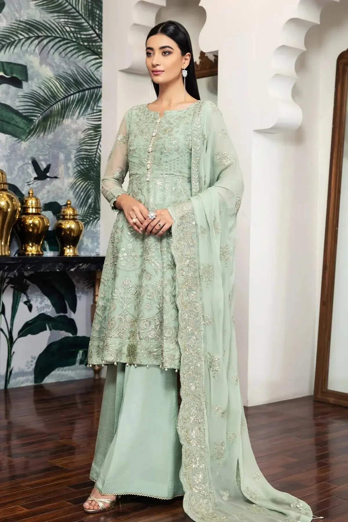 Silk formal suit with embroidered chiffon dupatta and raw silk trouser – view 7 – Poshaq
