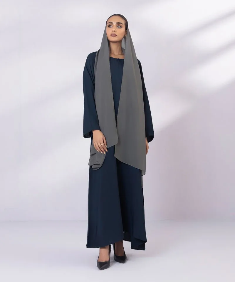 Navy full-length abaya with round neckline and full sleeves – view 1 – Poshaq